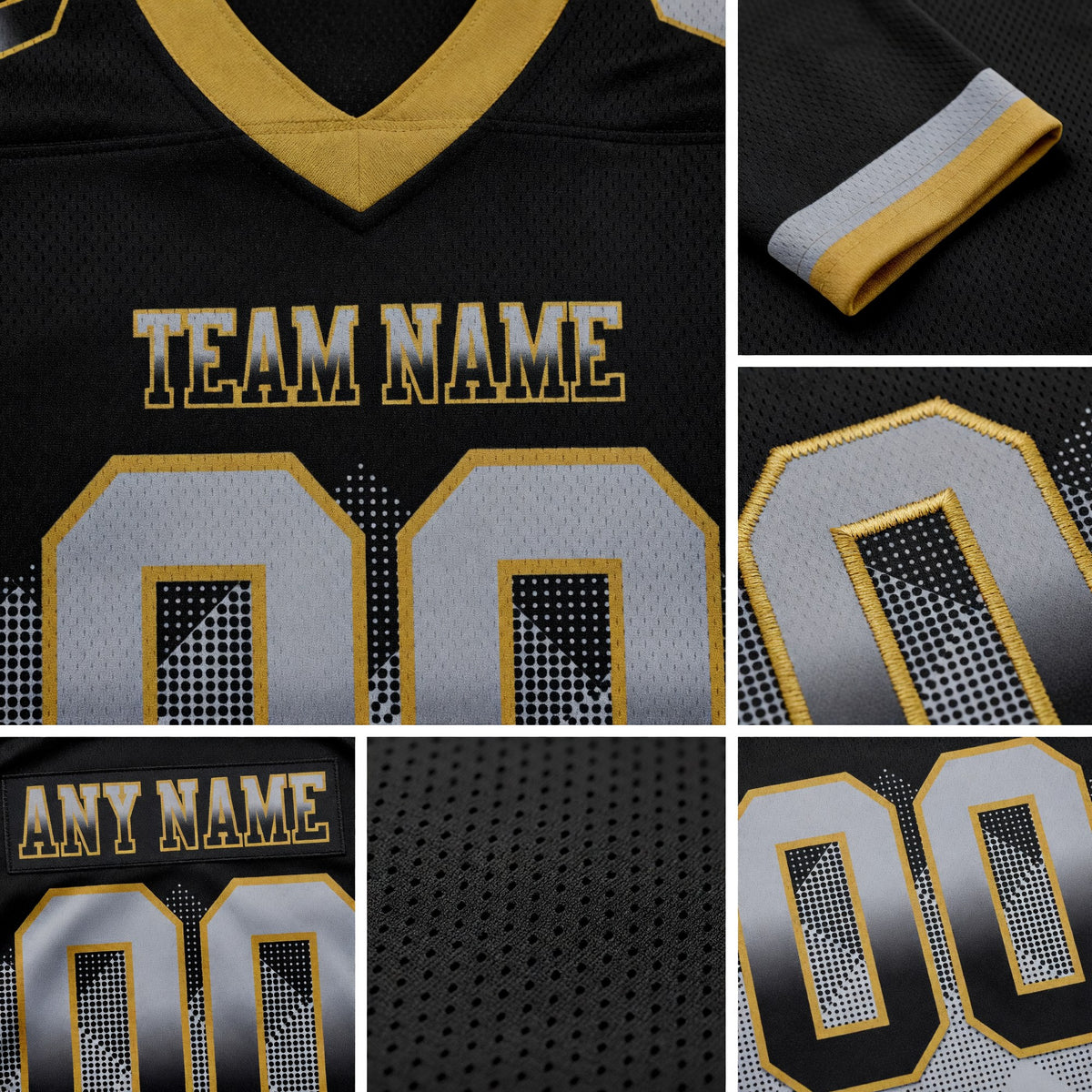 Custom Black Gray-Old Gold Authentic Gradient Square Shape 7V7 Flag Football Jersey detail