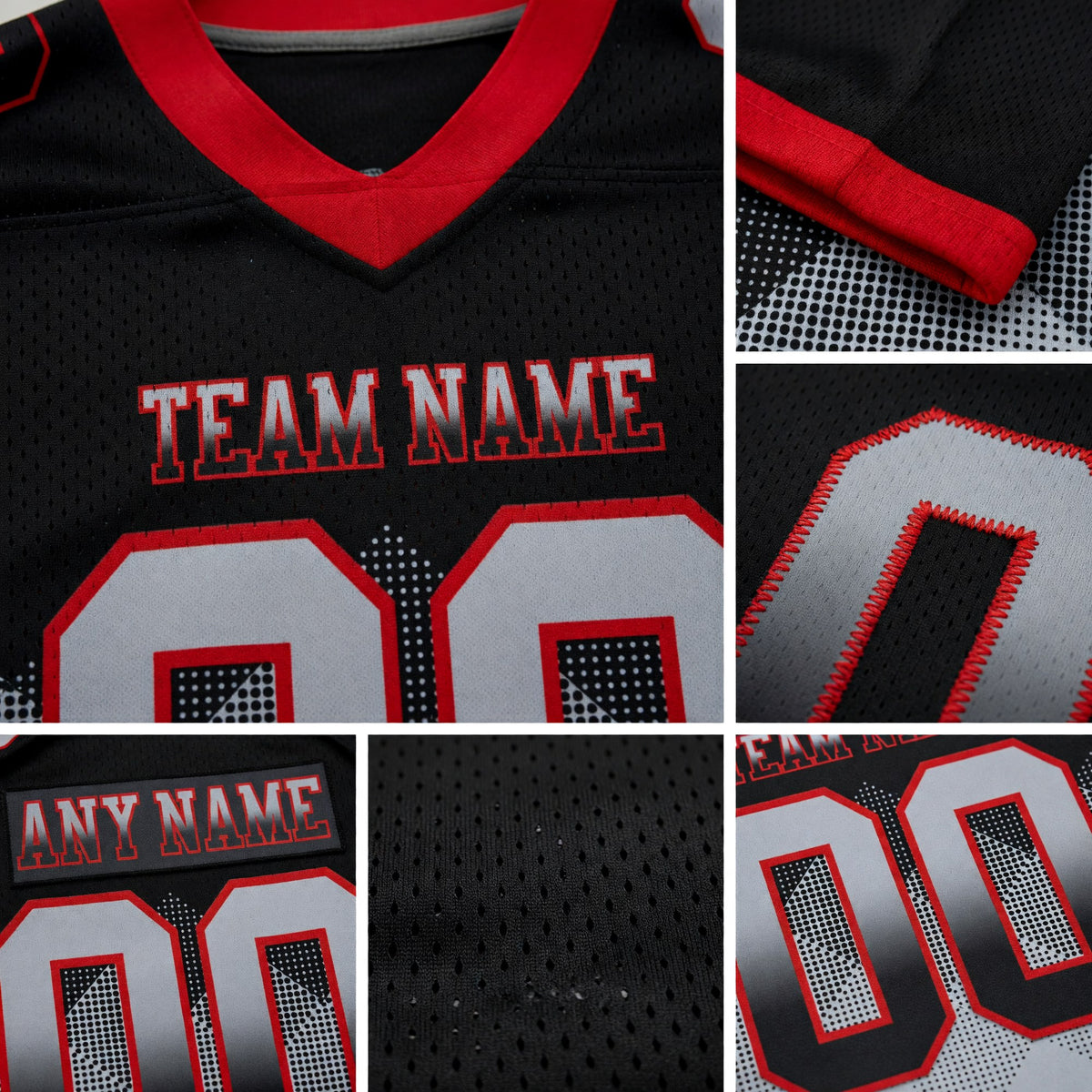 Custom Black Gray-Red Authentic Gradient Square Shape 7V7 Flag Football Jersey detail