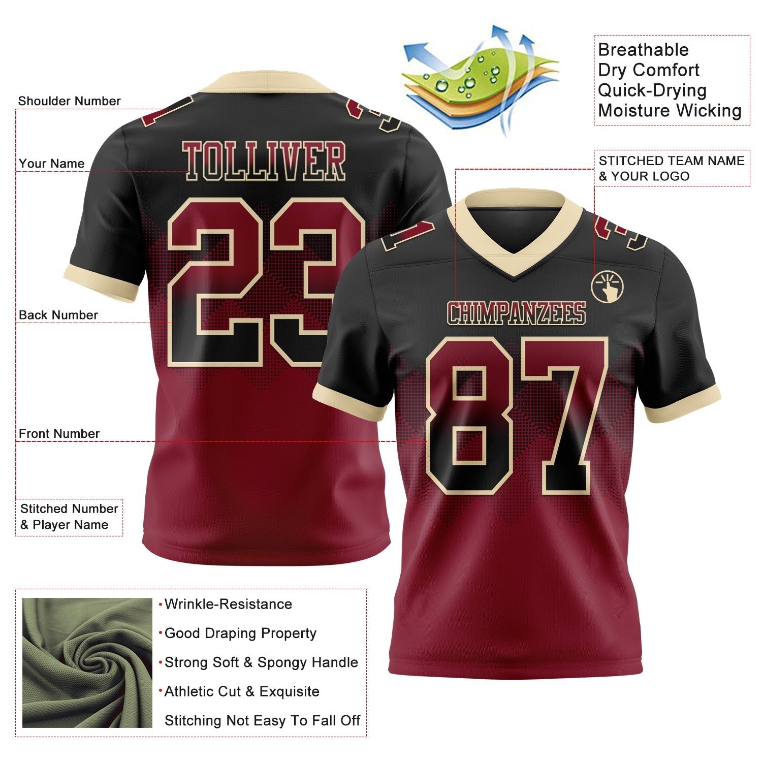 Custom Black Crimson-Cream Authentic Gradient Square Shape 7V7 Flag Football Jersey photo 2