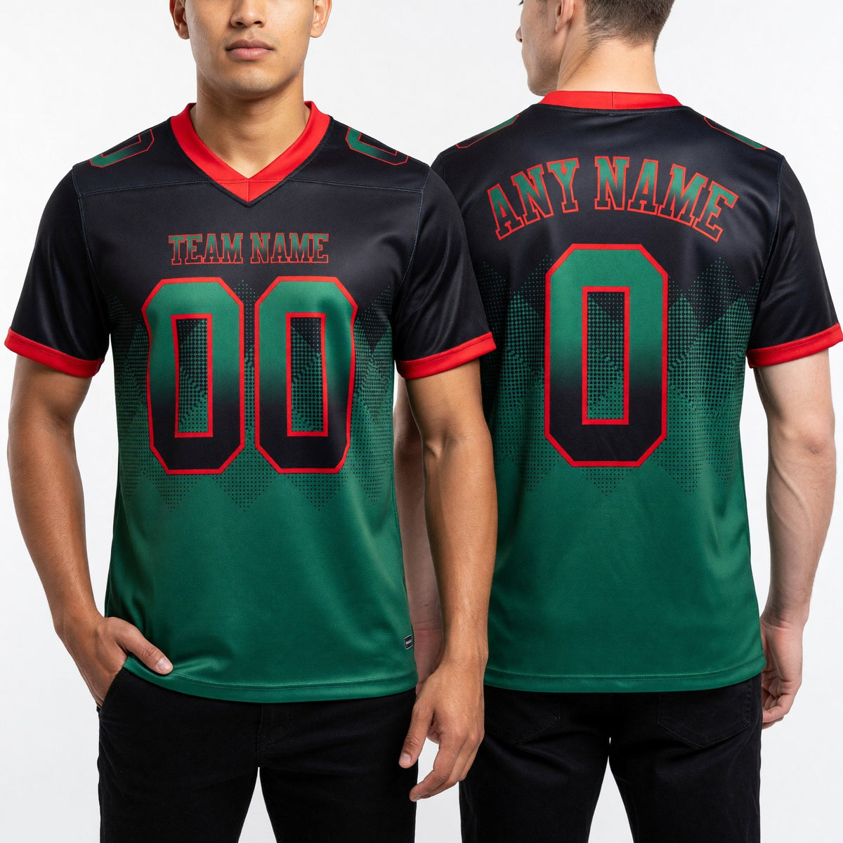 Custom Black Kelly Green-Red Authentic Gradient Square Shape 7V7 Flag Football Jersey worn front and back