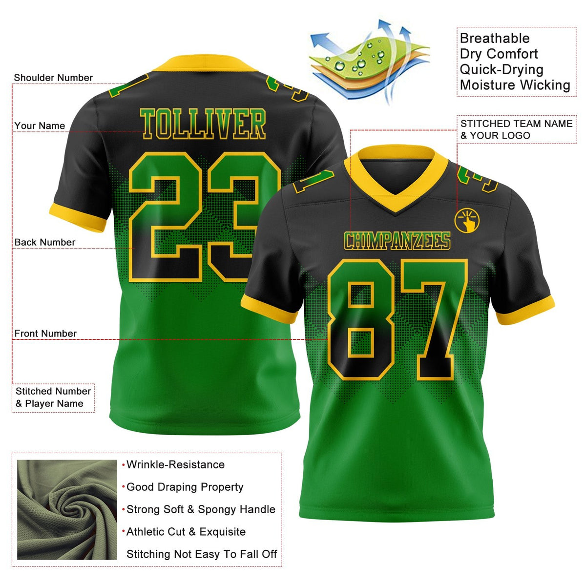Custom Black Grass Green-Yellow Authentic Gradient Square Shape 7V7 Flag Football Jersey photo 2