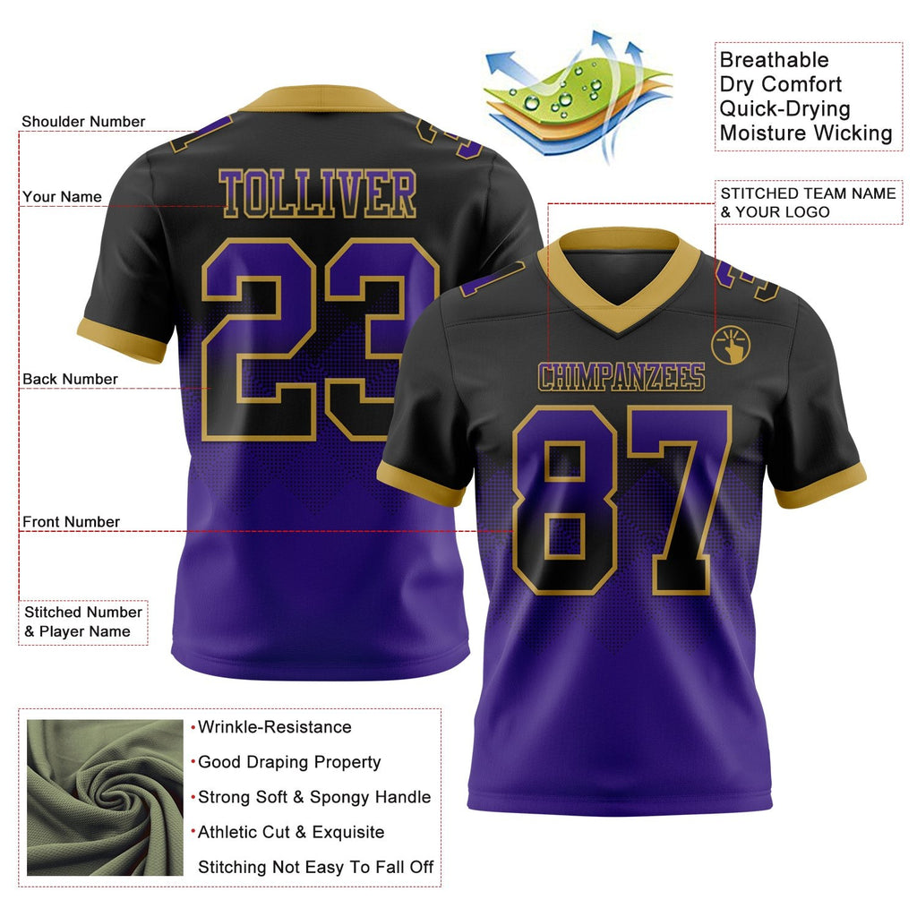 Custom Black Purple-Old Gold Authentic Gradient Square Shape 7V7 Flag Football Jersey photo 3