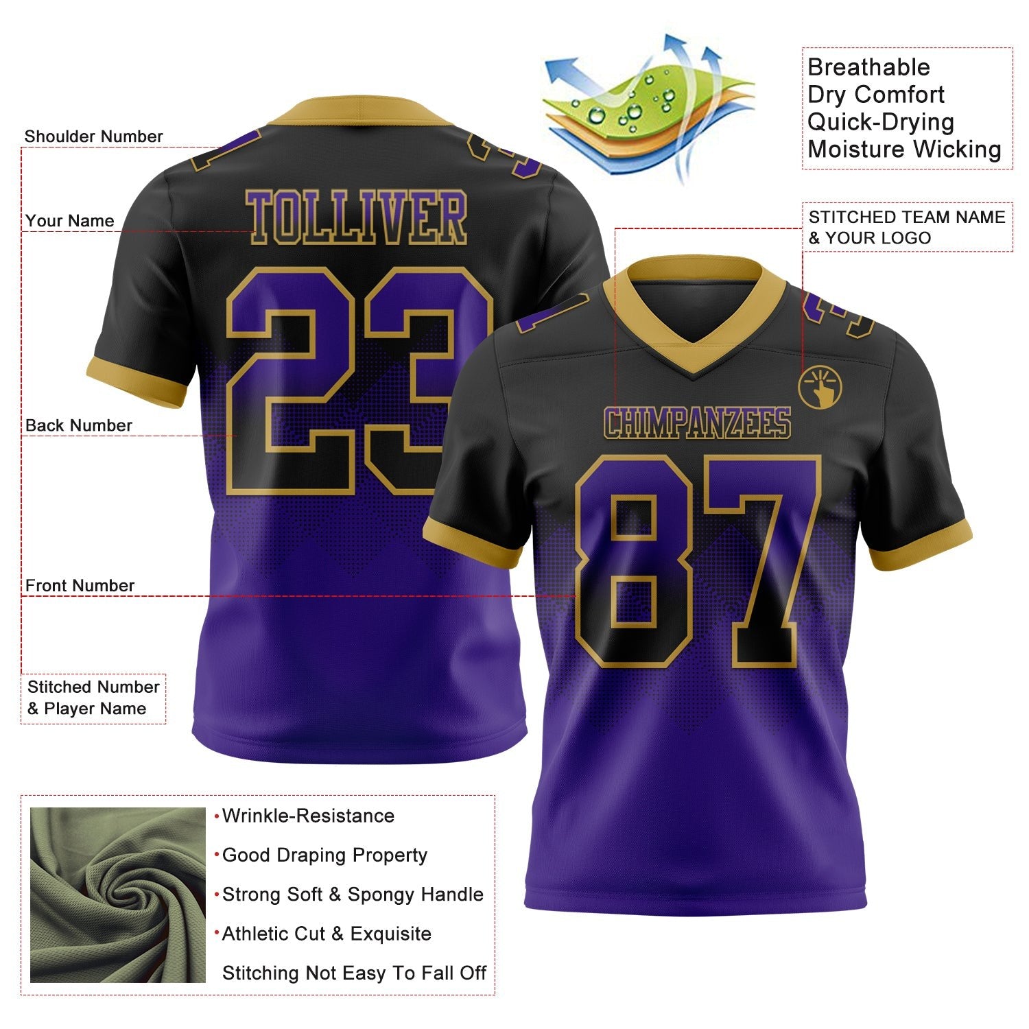 Custom Black Purple-Old Gold Authentic Gradient Square Shape 7V7 Flag Football Jersey photo 3