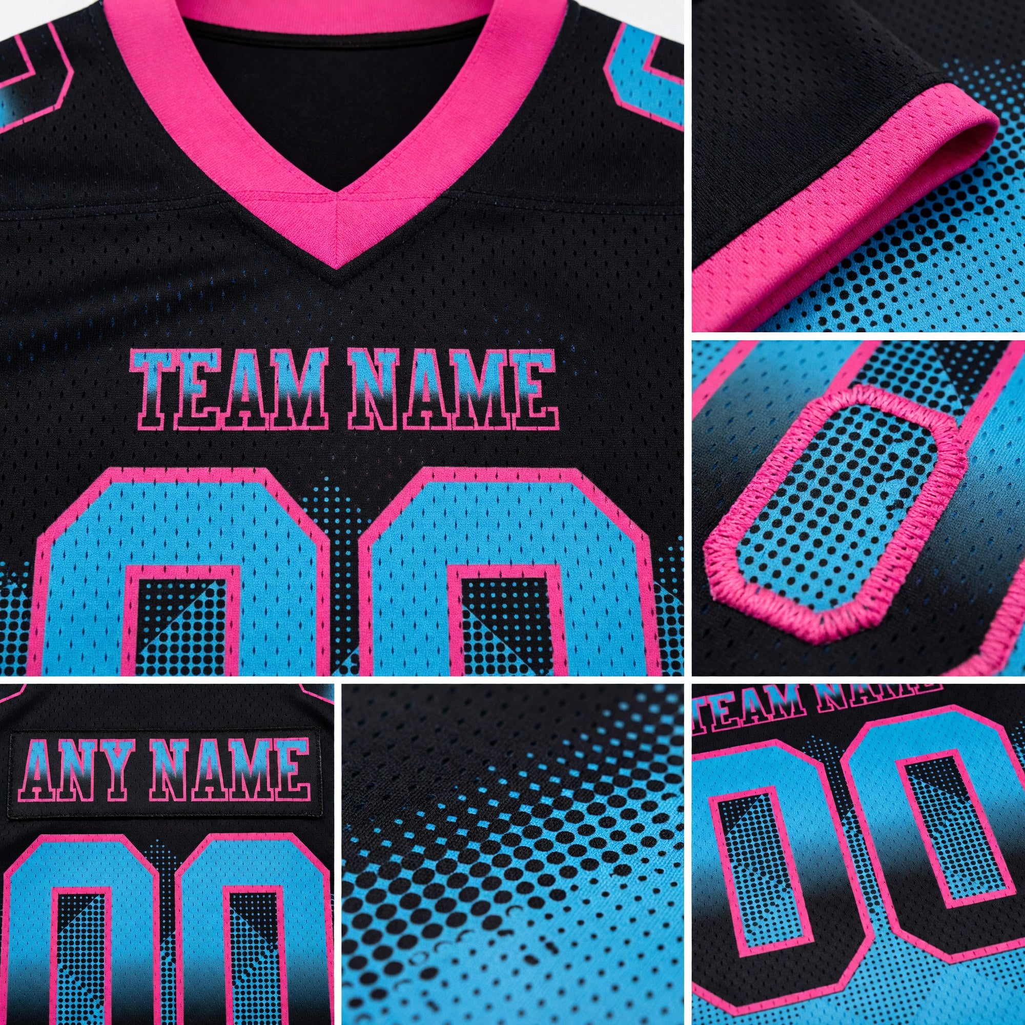 Custom Black Sky Blue-Pink Authentic Gradient Square Shape 7V7 Flag Football Jersey detail