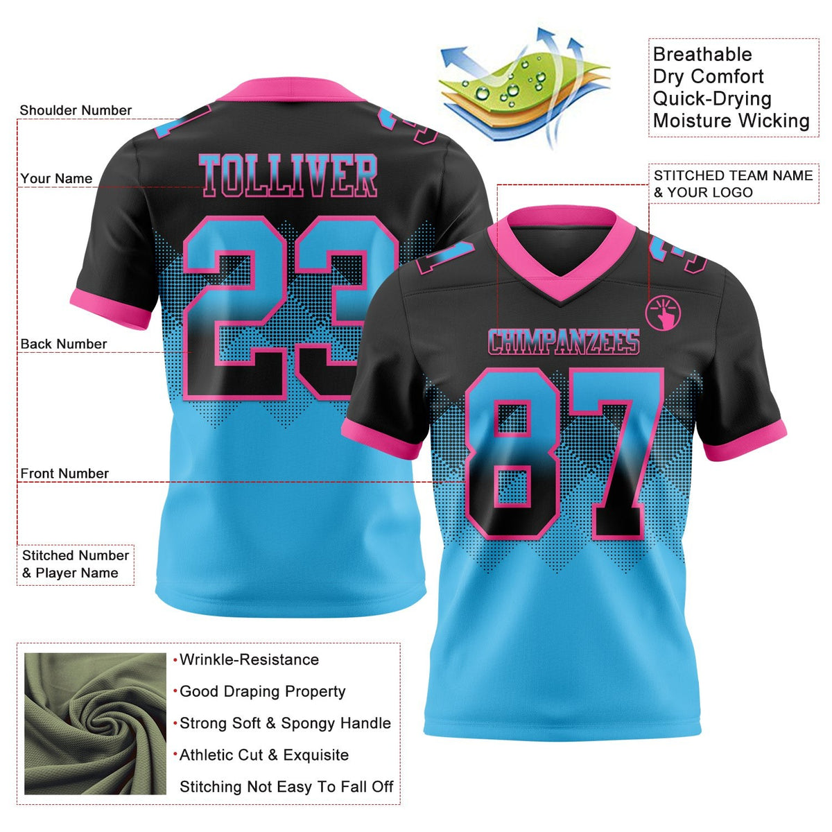 Custom Black Sky Blue-Pink Authentic Gradient Square Shape 7V7 Flag Football Jersey photo 2