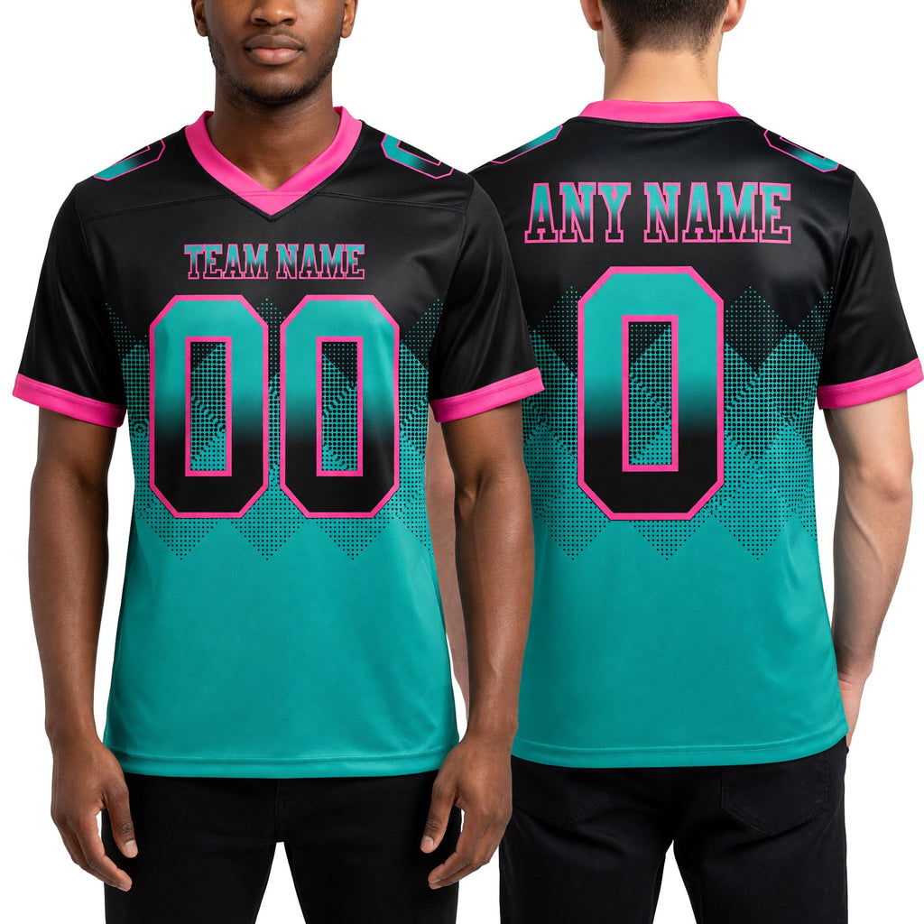 Custom Black Aqua-Pink Authentic Gradient Square Shape 7V7 Flag Football Jersey worn front and back