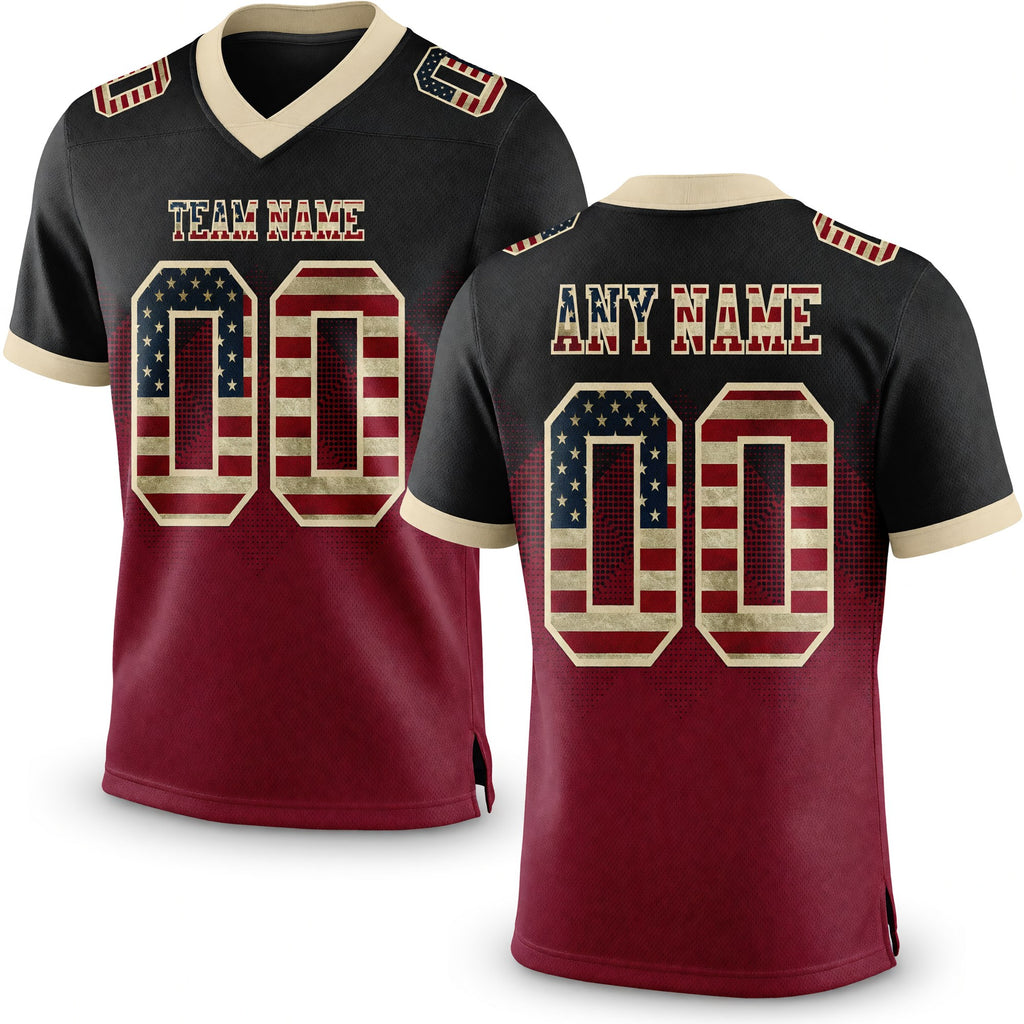 Custom Black Vintage USA Flag Crimson-Cream Authentic Gradient Square Shape 7V7 Flag Football Jersey