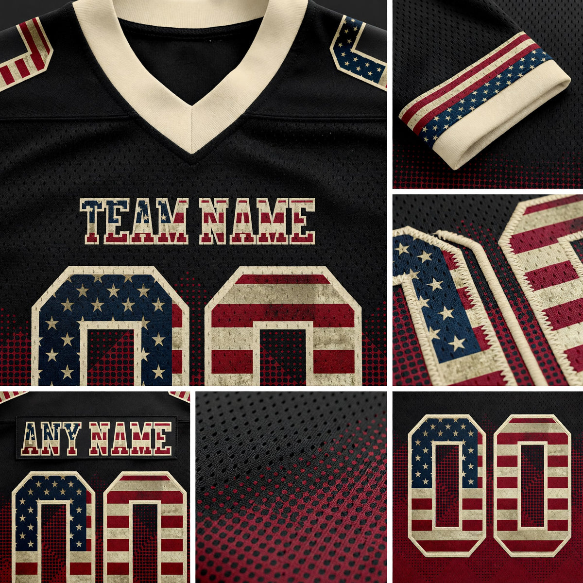 Custom Black Vintage USA Flag Crimson-Cream Authentic Gradient Square Shape 7V7 Flag Football Jersey detail