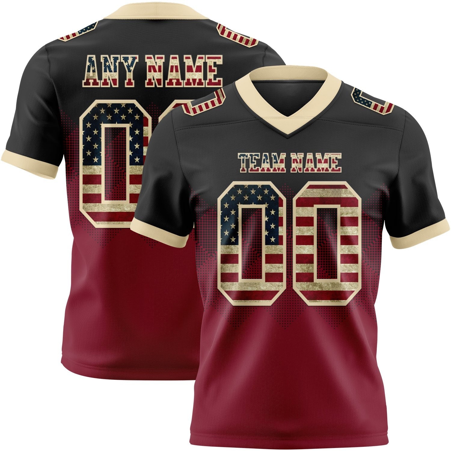 Custom Black Vintage USA Flag Crimson-Cream Authentic Gradient Square Shape 7V7 Flag Football Jersey photo 1