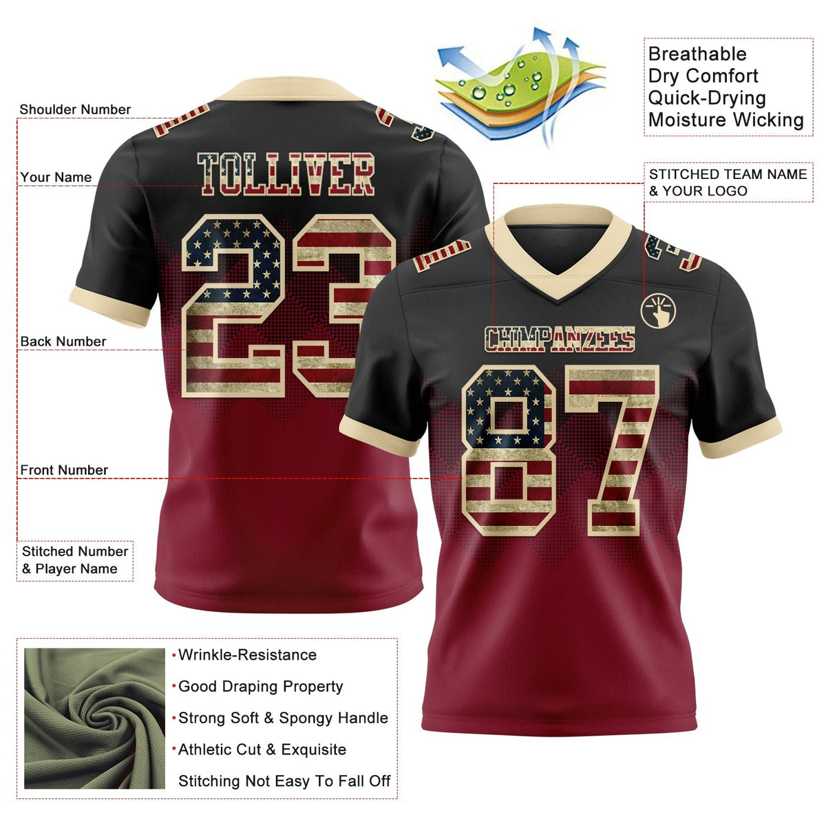 Custom Black Vintage USA Flag Crimson-Cream Authentic Gradient Square Shape 7V7 Flag Football Jersey photo 2