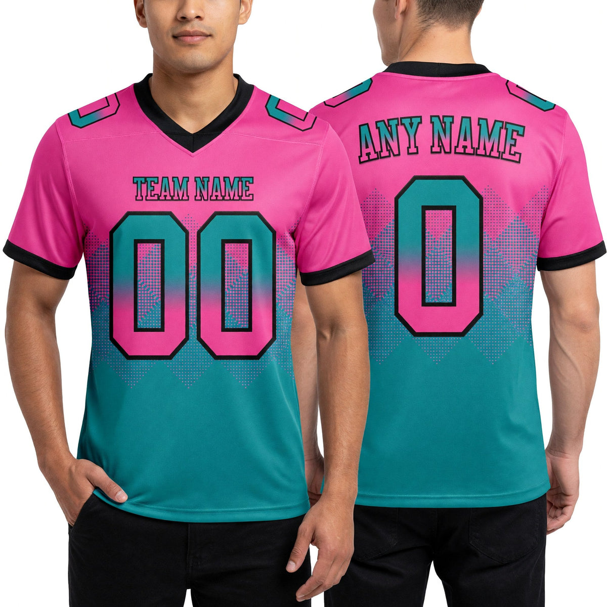 Custom Pink Teal-Black Authentic Gradient Square Shape 7V7 Flag Football Jersey worn front and back