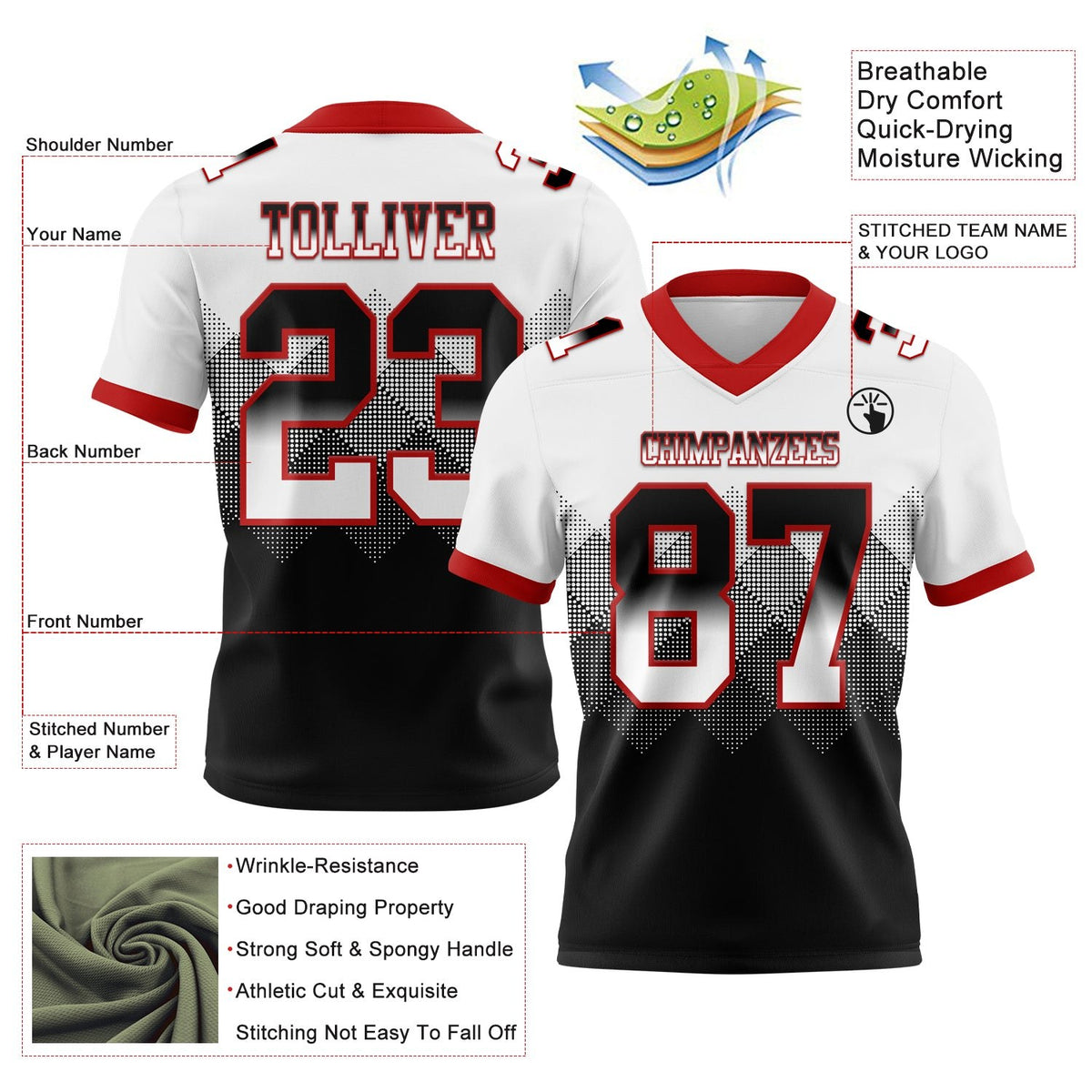 Custom White Black-Red Authentic Gradient Square Shape 7V7 Flag Football Jersey photo 2