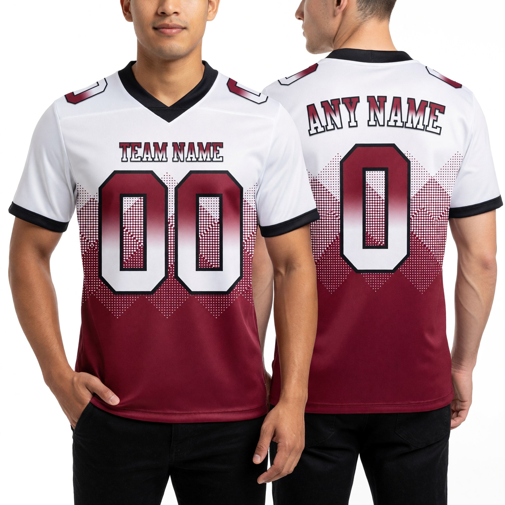 Custom White Crimson-Black Authentic Gradient Square Shape 7V7 Flag Football Jersey worn front and back