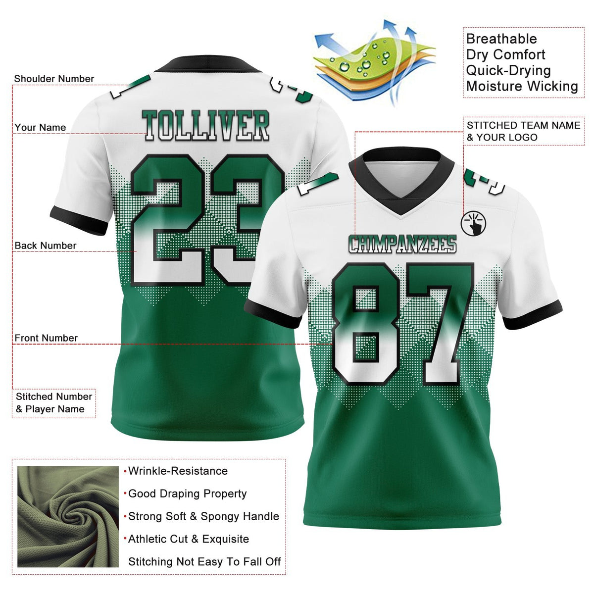 Custom White Kelly Green-Black Authentic Gradient Square Shape 7V7 Flag Football Jersey photo 2