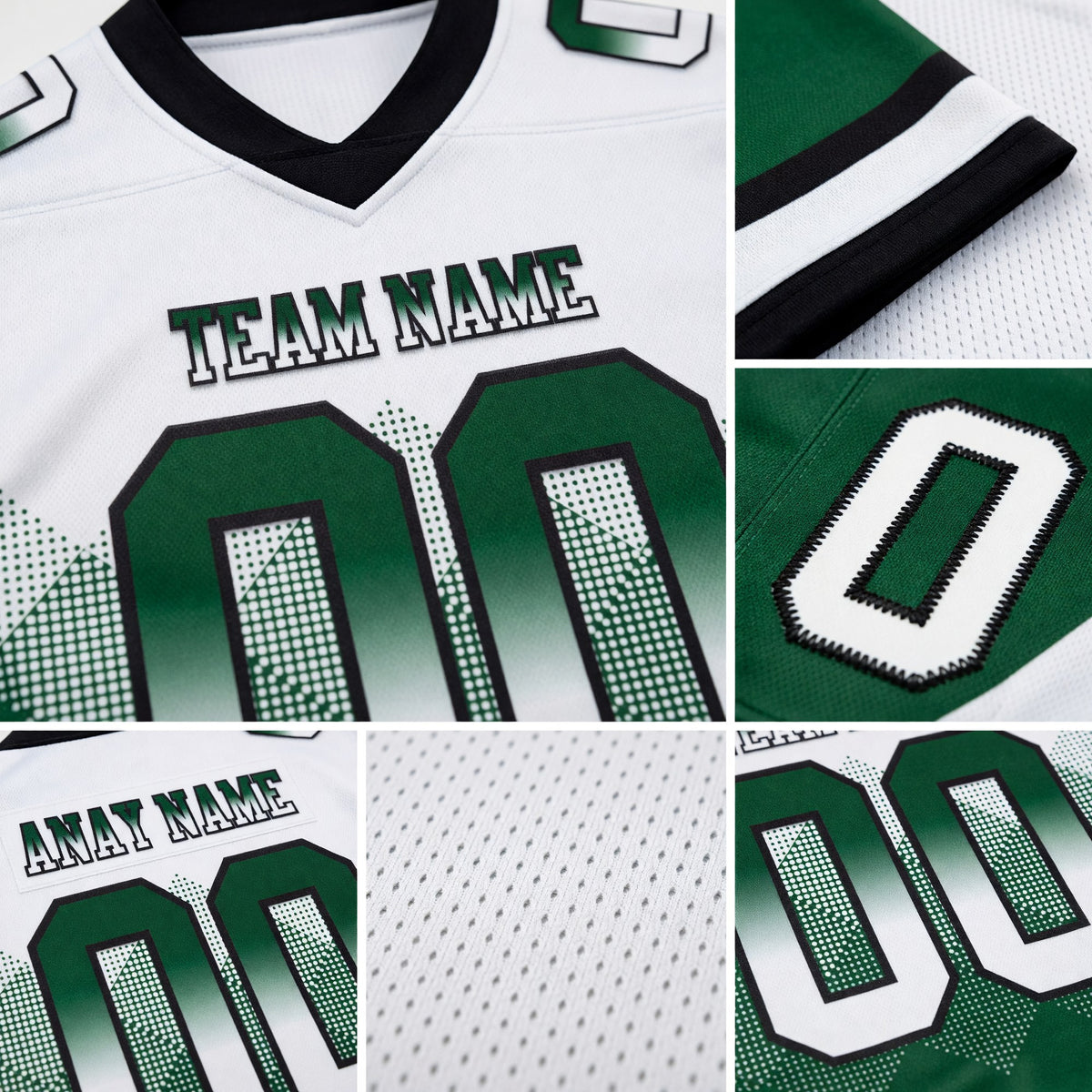 Custom White Green-Black Authentic Gradient Square Shape 7V7 Flag Football Jersey detail