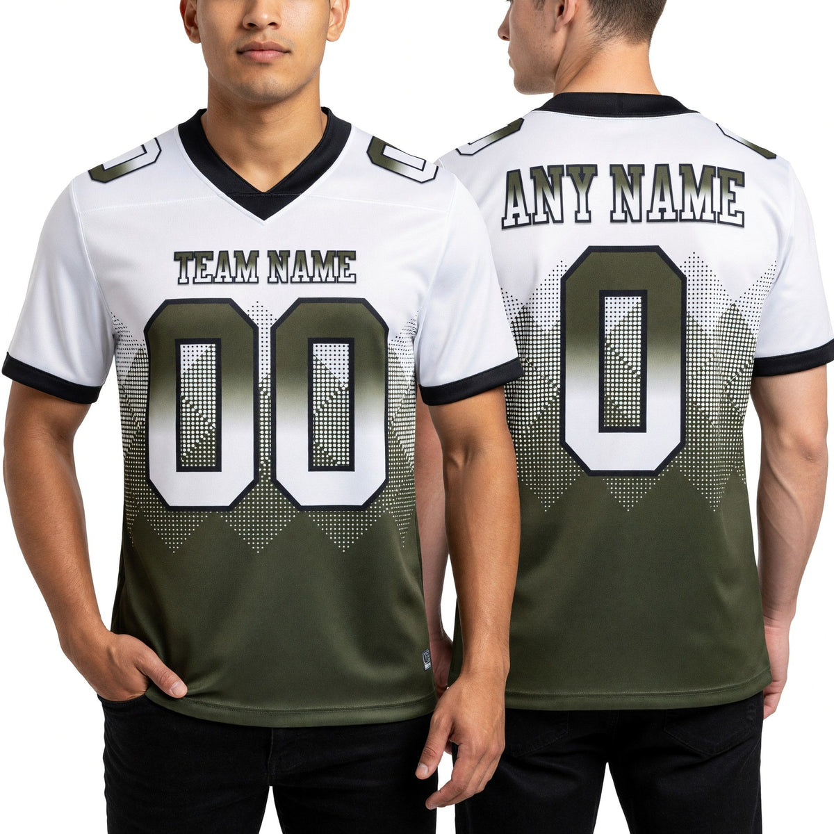 Custom White Olive-Black Authentic Gradient Square Shape 7V7 Flag Football Jersey worn front and back