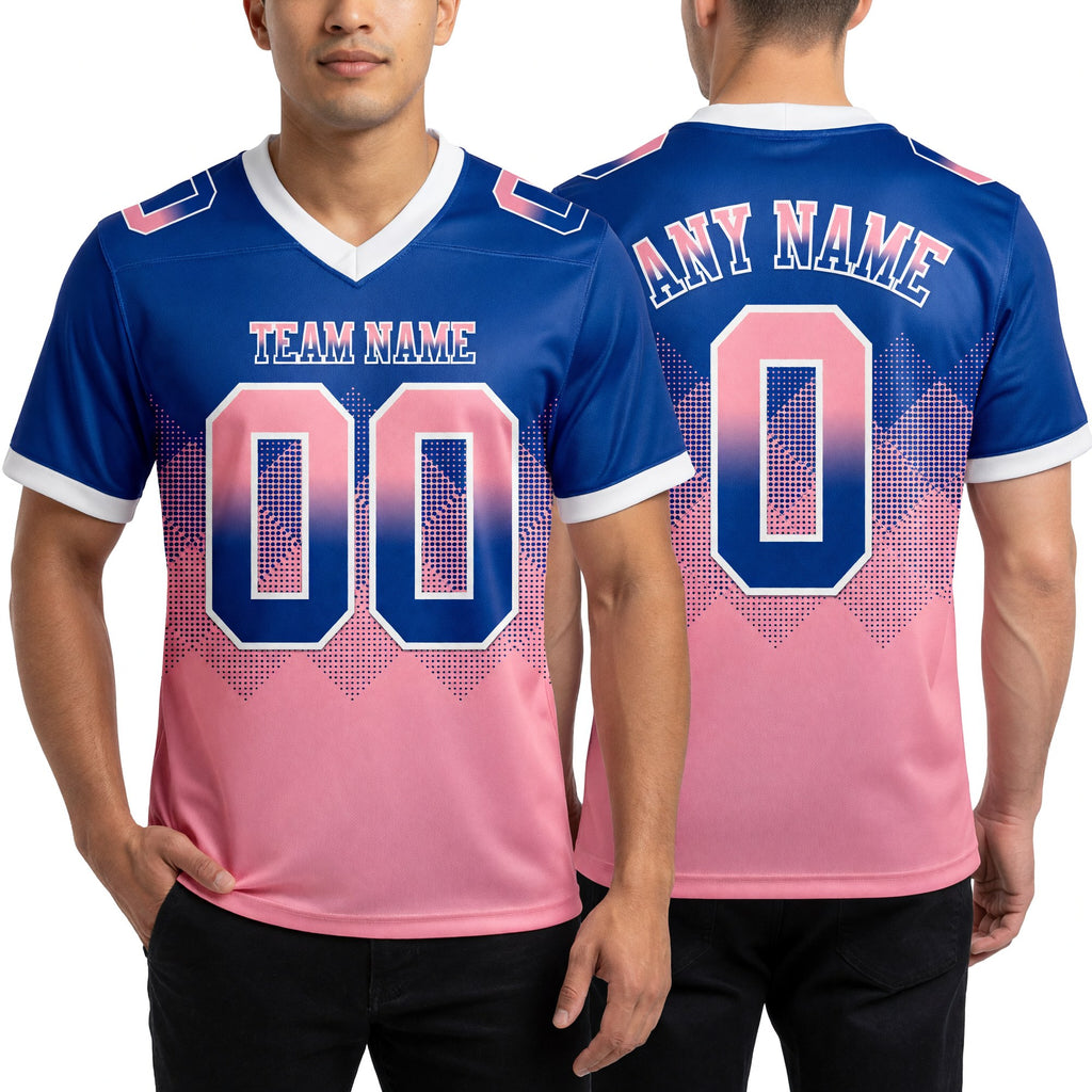 Custom Royal Medium Pink-White Authentic Gradient Square Shape 7V7 Flag Football Jersey worn front and back