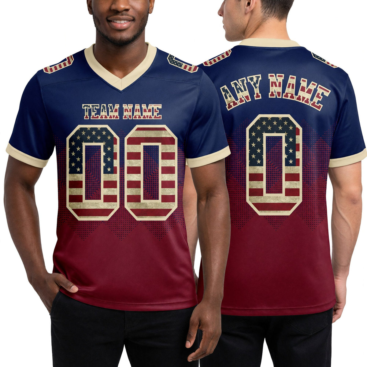 Custom Navy Vintage USA Flag Crimson-Cream Authentic Gradient Square Shape 7V7 Flag Football Jersey worn front and back