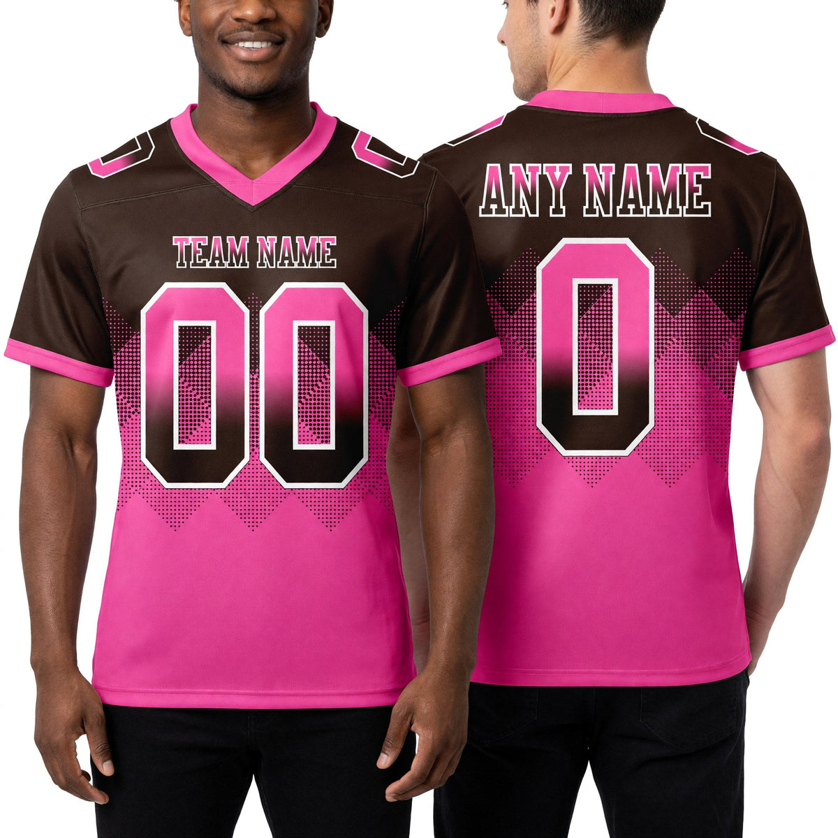 Custom Brown Pink-White Authentic Gradient Square Shape 7V7 Flag Football Jersey worn front and back