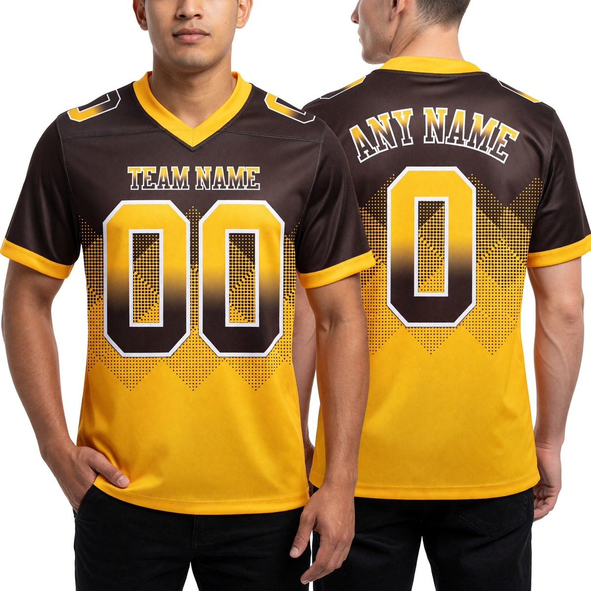 Custom Brown Yellow-White Authentic Gradient Square Shape 7V7 Flag Football Jersey worn front and back