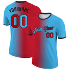 Custom Sky Blue Red-Black Gradient Fashion Performance T-Shirt