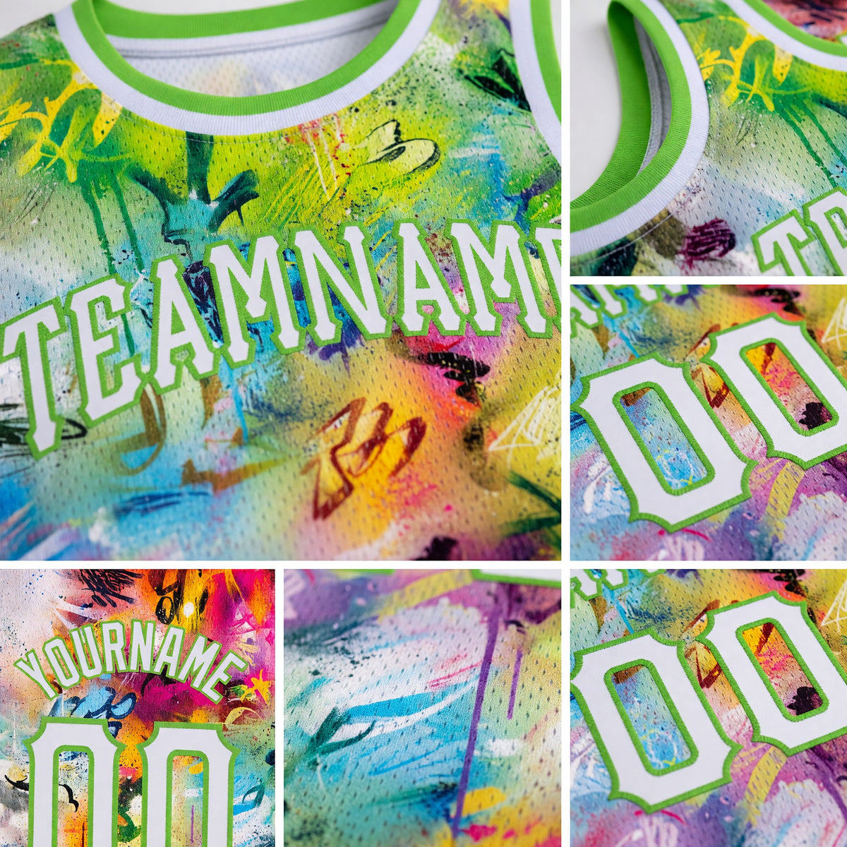 Custom Scratch Graffiti Pattern White-Neon Green 3D Authentic Basketball Jersey detail