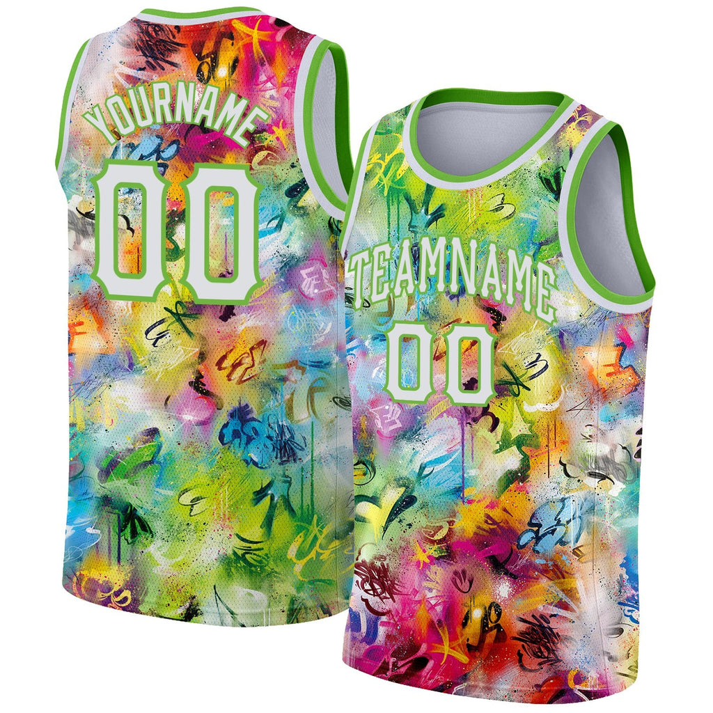 Custom Scratch Graffiti Pattern White-Neon Green 3D Authentic Basketball Jersey photo 1