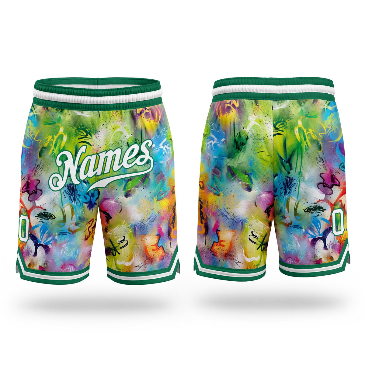 Custom Scratch Graffiti Pattern White-Kelly Green 3D Authentic Basketball Shorts