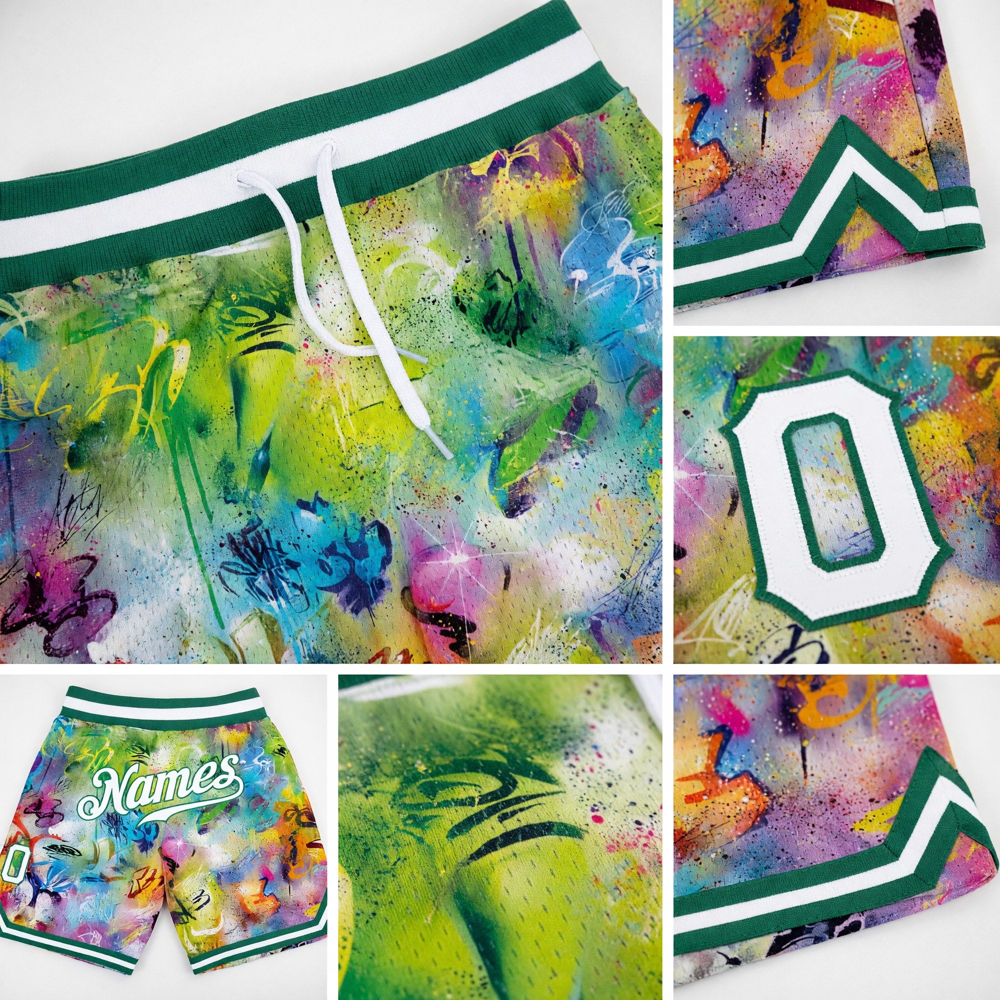 Custom Scratch Graffiti Pattern White-Kelly Green 3D Authentic Basketball Shorts detail