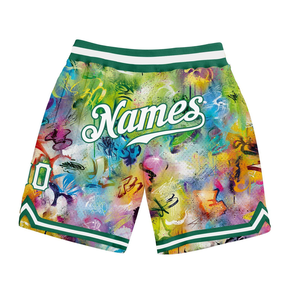 Custom Scratch Graffiti Pattern White-Kelly Green 3D Authentic Basketball Shorts photo 1