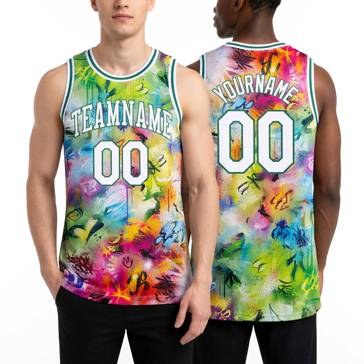 Custom Scratch Graffiti Pattern White-Kelly Green 3D Authentic Basketball Jersey worn front and back