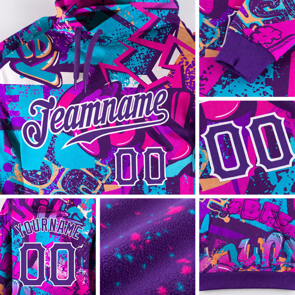 Custom Stitched Graffiti Pattern Purple-White 3D Sports Pullover Sweatshirt Hoodie detail