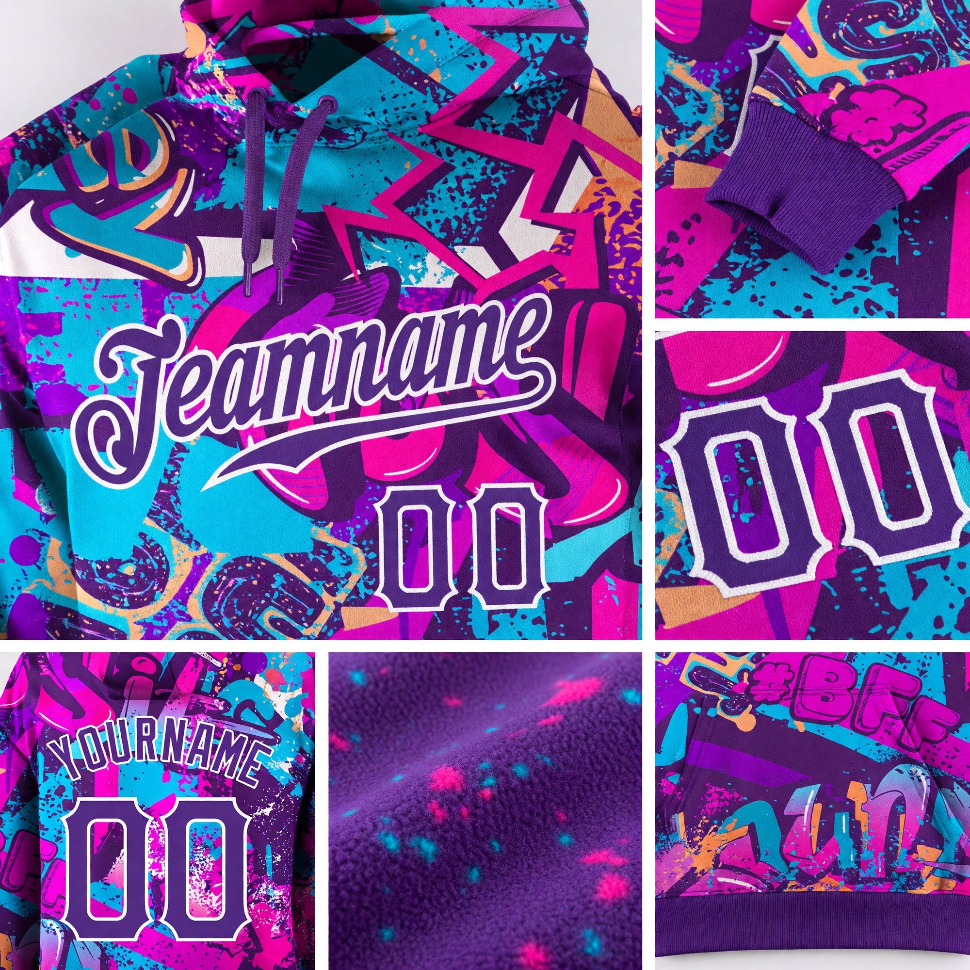 Custom Stitched Graffiti Pattern Purple-White 3D Sports Pullover Sweatshirt Hoodie detail