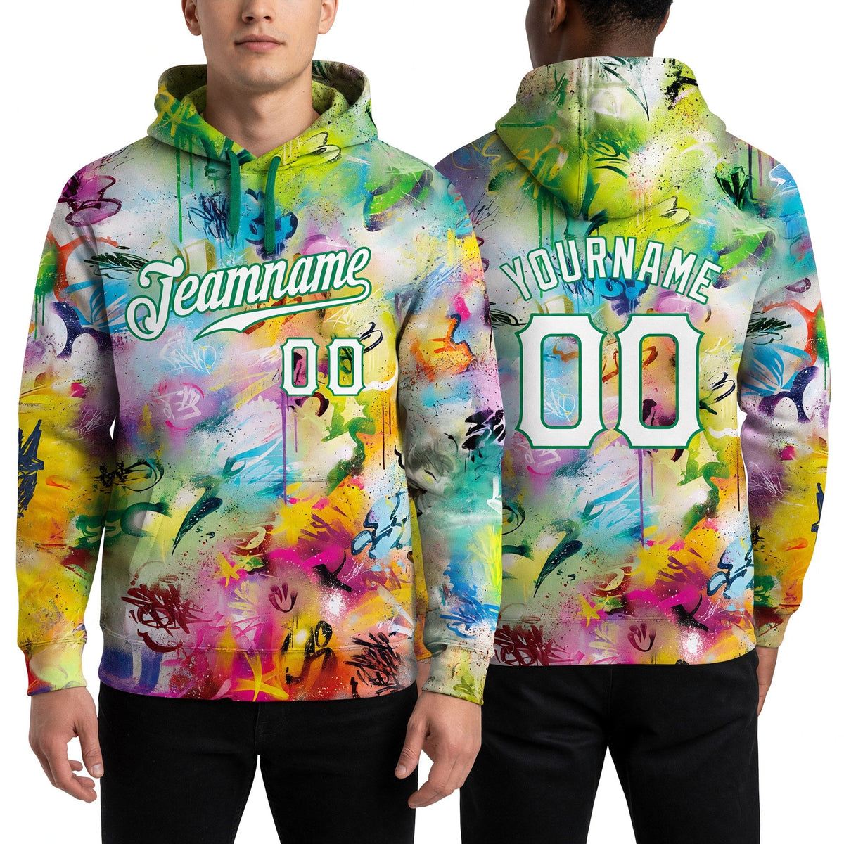 Custom Stitched Graffiti Pattern White-Kelly Green 3D Sports Pullover Sweatshirt Hoodie worn front and back