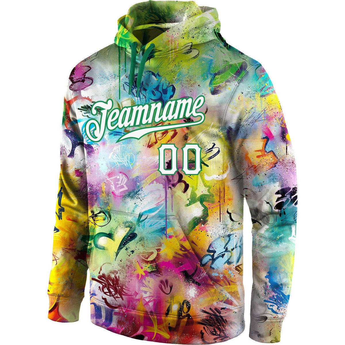 Custom Stitched Graffiti Pattern White-Kelly Green 3D Sports Pullover Sweatshirt Hoodie photo 2