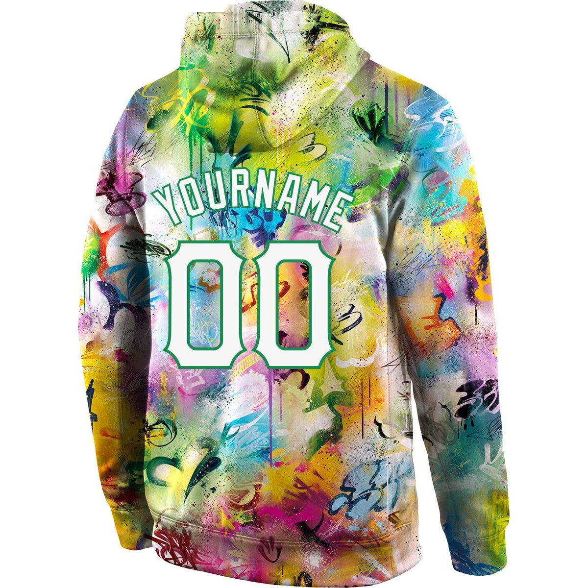 Custom Stitched Graffiti Pattern White-Kelly Green 3D Sports Pullover Sweatshirt Hoodie photo 3