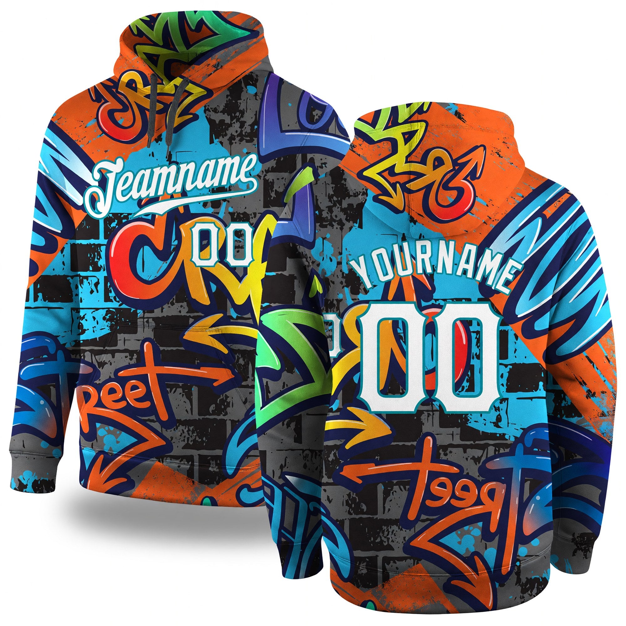Custom Stitched Graffiti Pattern White-Aqua 3D Sports Pullover Sweatshirt Hoodie