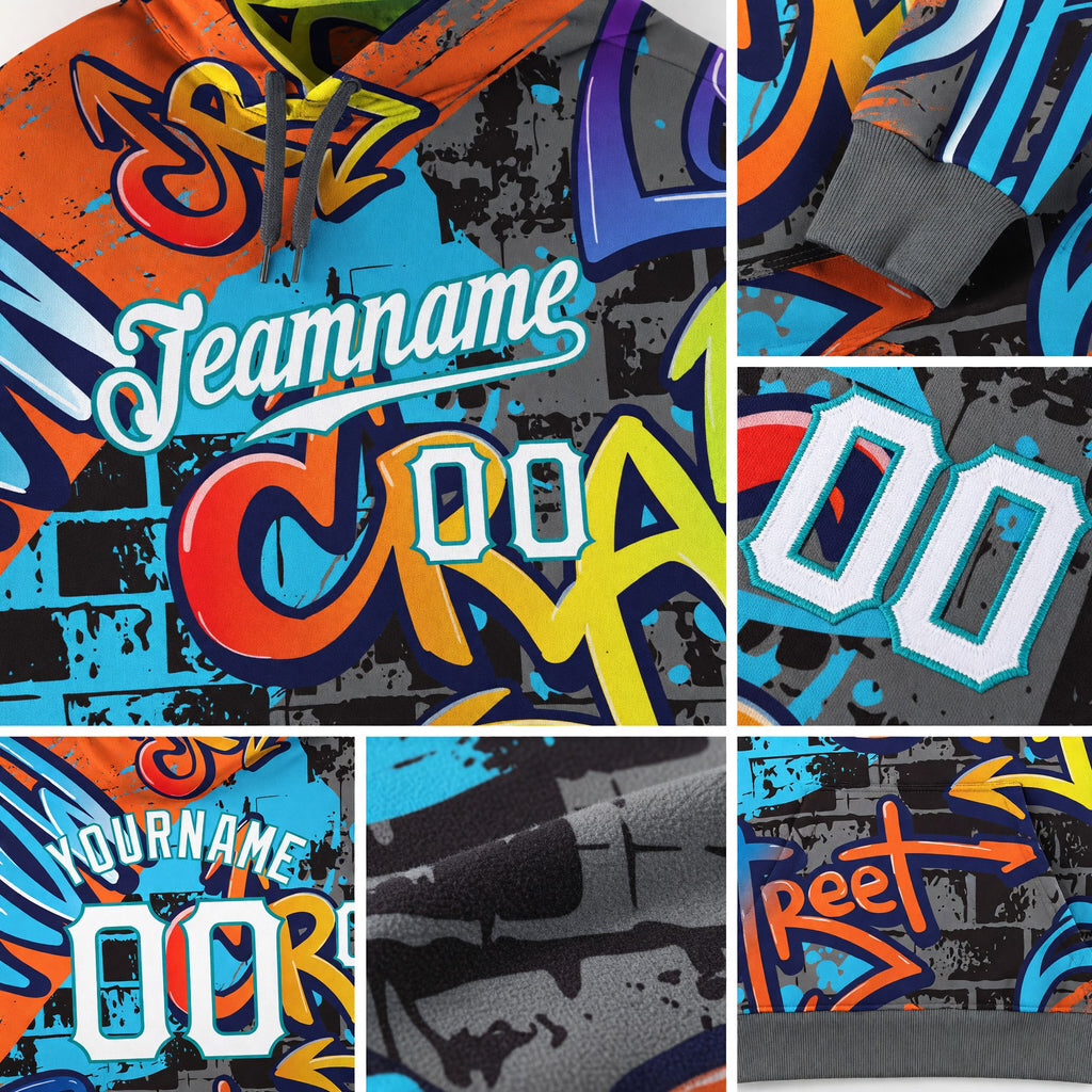 Custom Stitched Graffiti Pattern White-Aqua 3D Sports Pullover Sweatshirt Hoodie detail