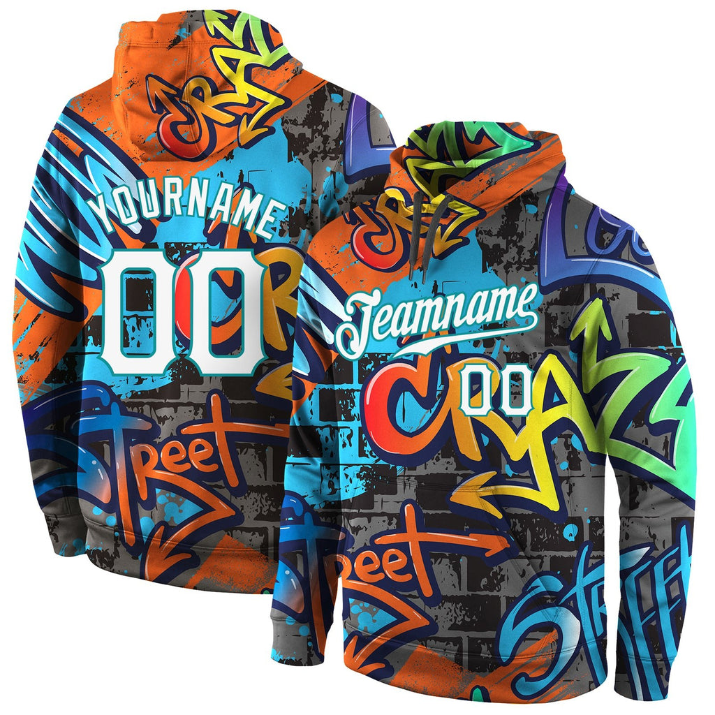 Custom Stitched Graffiti Pattern White-Aqua 3D Sports Pullover Sweatshirt Hoodie photo 1