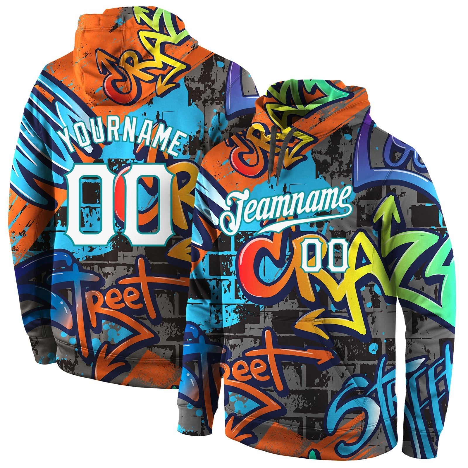 Custom Stitched Graffiti Pattern White-Aqua 3D Sports Pullover Sweatshirt Hoodie photo 1