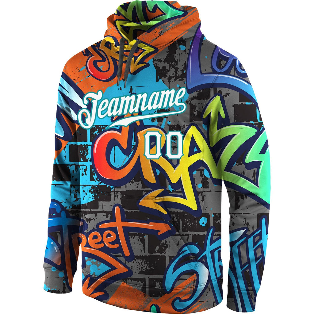 Custom Stitched Graffiti Pattern White-Aqua 3D Sports Pullover Sweatshirt Hoodie photo 2