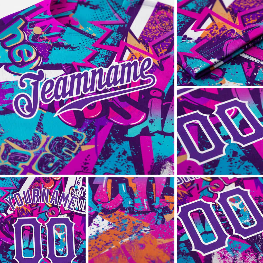 Custom Graffiti Pattern Purple-White 3D Performance T-Shirt detail