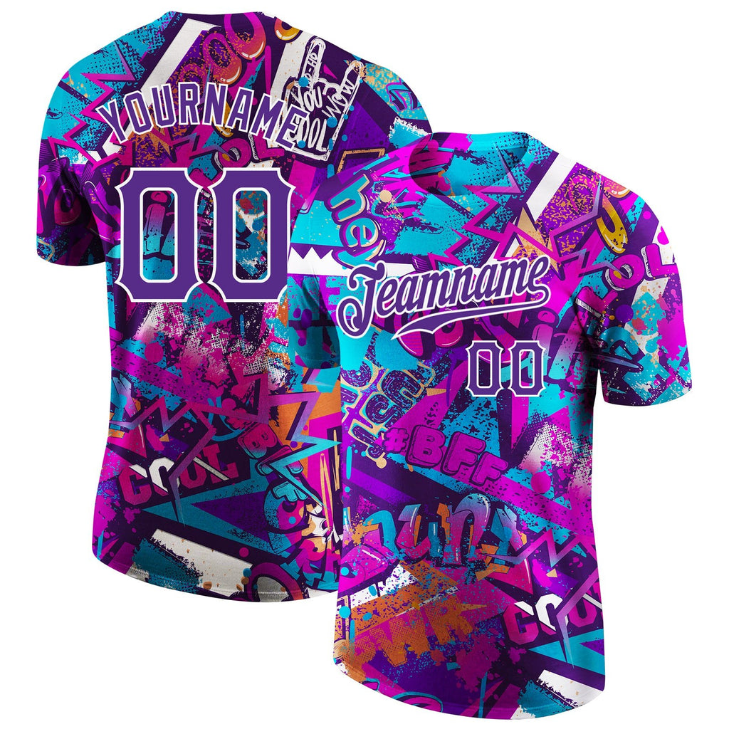 Custom Graffiti Pattern Purple-White 3D Performance T-Shirt photo 1