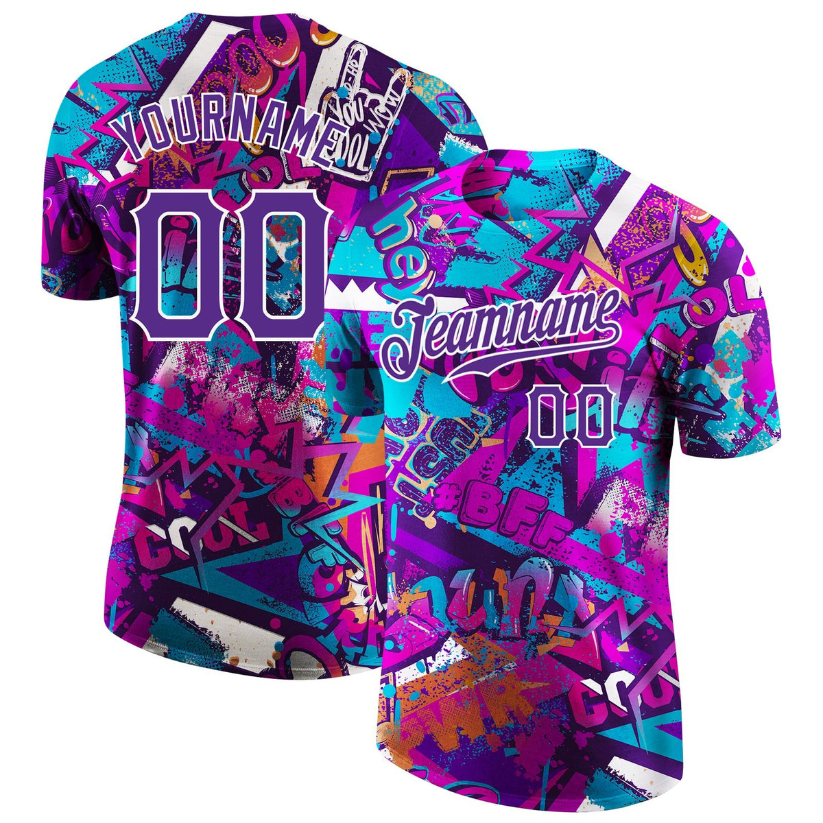 Custom Graffiti Pattern Purple-White 3D Performance T-Shirt photo 1
