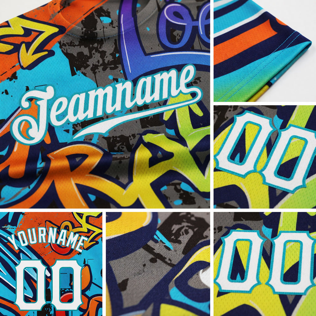 Custom Graffiti Pattern White-Aqua 3D Performance T-Shirt detail