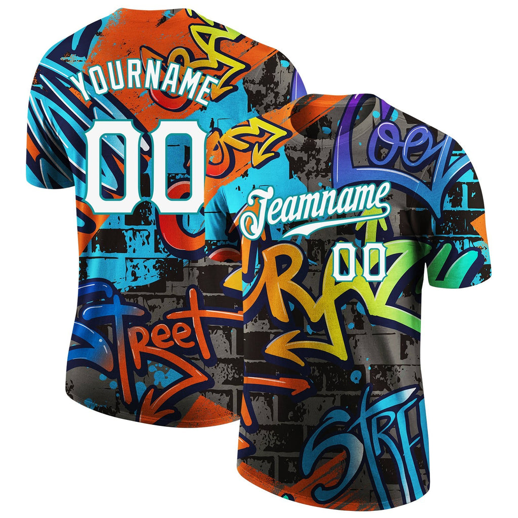 Custom Graffiti Pattern White-Aqua 3D Performance T-Shirt photo 1