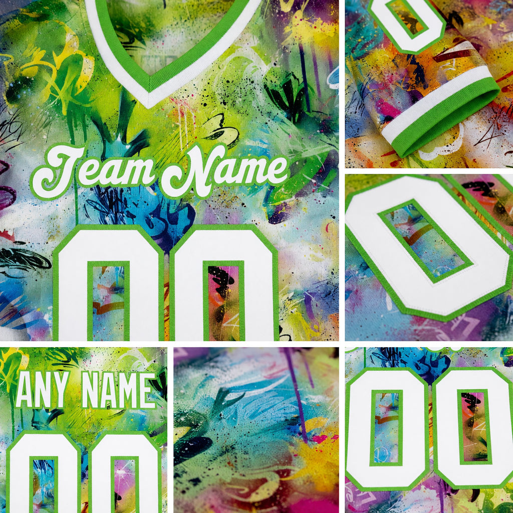 Custom Graffiti Pattern White-Neon Green 3D Authentic Throwback Football Jersey detail