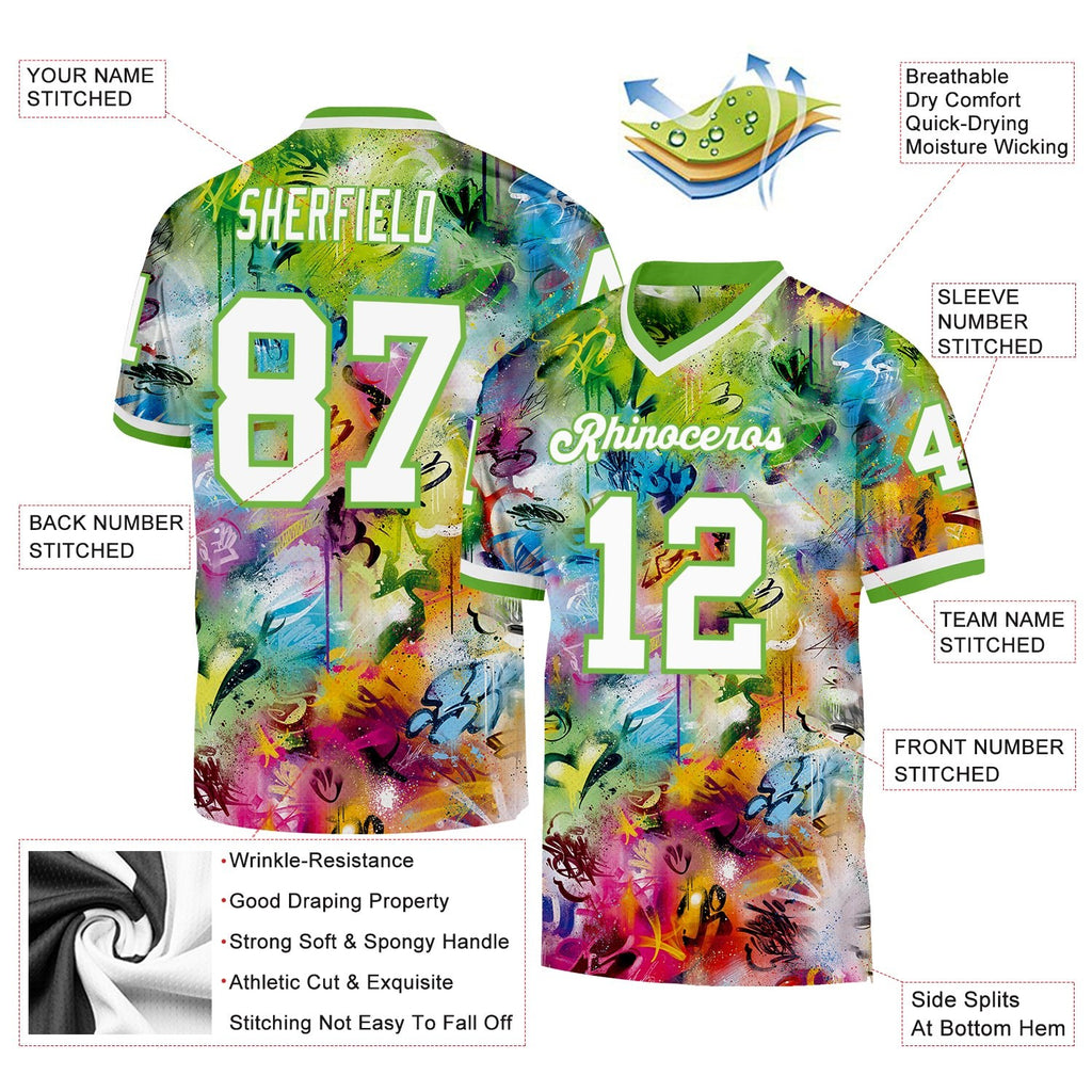 Custom Graffiti Pattern White-Neon Green 3D Authentic Throwback Football Jersey photo 3