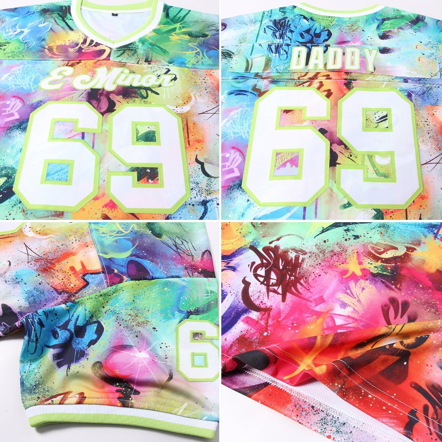 Custom Graffiti Pattern White-Neon Green 3D Authentic Throwback Football Jersey photo 5