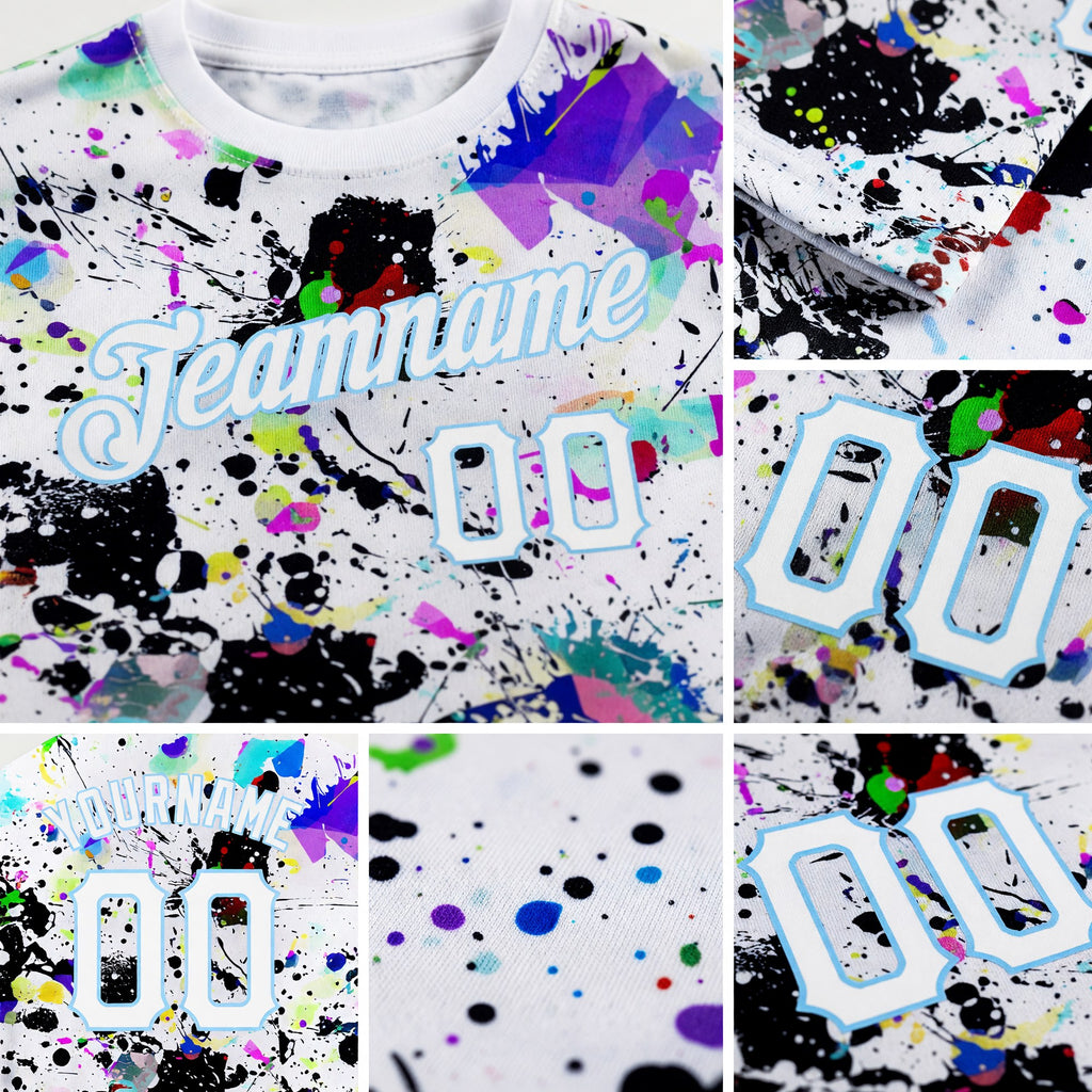 Custom Splashes Graffiti Pattern White-Light Blue 3D Performance T-Shirt detail